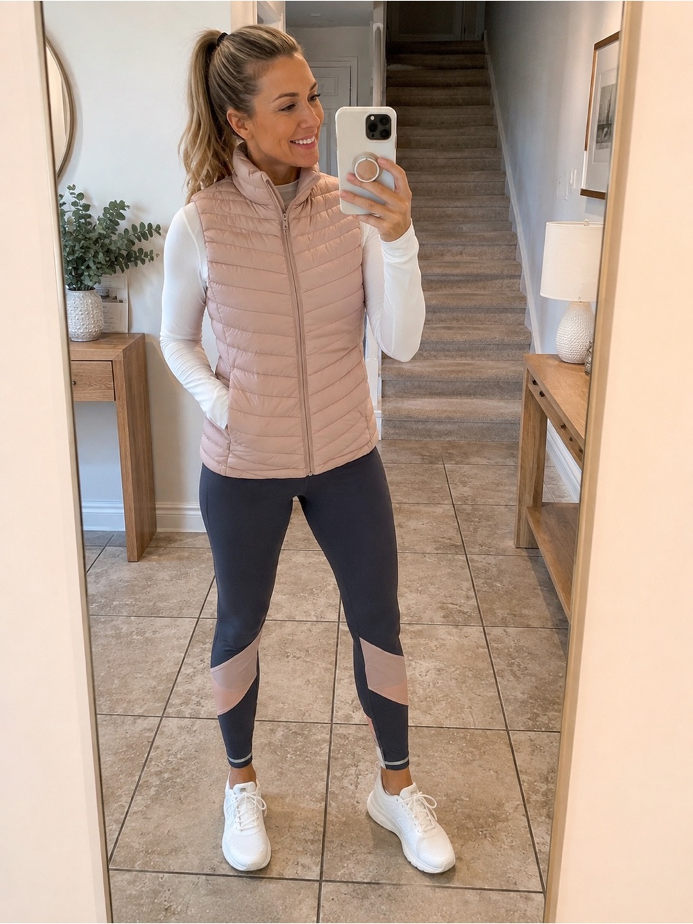 Old Navy Active Bundle Elevate Grey, blush Leggings M + Puffer zipper Vest LT